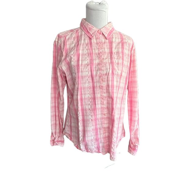Wrangler Western Women's Shirt pink, white and silver plaid L/S button down sz L - Picture 1 of 11
